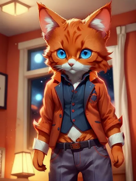 ginger cat, red clothed,  night, blue, anthropomorphic<lora:warmcats-1.2-000004:0.8>