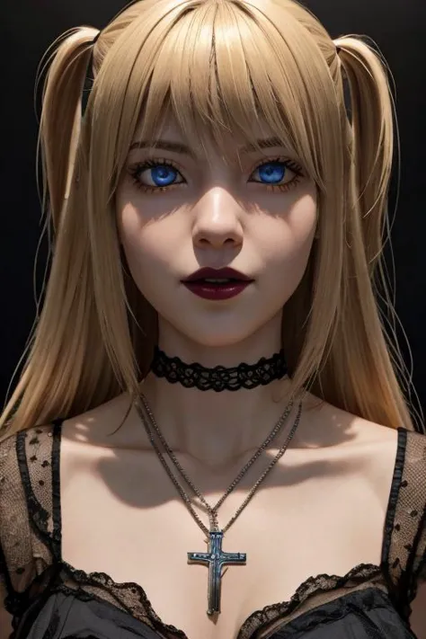 closeup, Misa Amane,blue eyes,shy,blonde hair,cross necklace,gothic,woman,masterpiece,best quality,highest quality,cinematic lighting,(volumetric lighting),extremely detailed CG unity 8k wallpaper,focused,8k wallpaper,4k wallpaper,extremely detailed,ultra realistic,photorealistic,sharp focus,absurdres,(HDR:1.2),(high contrast),photograph,detailed and intricate,instagram,portrait,highly detailed,digital painting,artstation,concept art,smooth,sharp focus,illustration,cinematic lighting,Style-Princess,