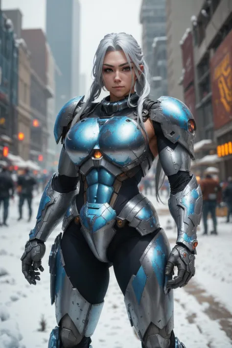 1girl, mech, armor, chrome, long silver hair, perfect face, fantasy, bodybuilder, muscles, breasts, vivid colors, bounty hunter ...
