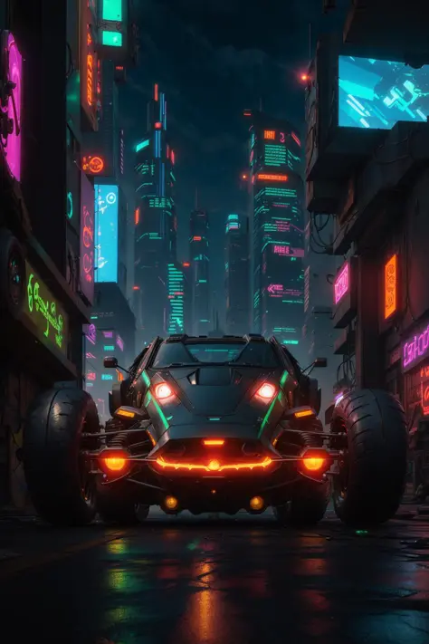 a 3/4 front view of ((futuristic cyberpunk hotrod)) (with glowing tires), at the parking lot