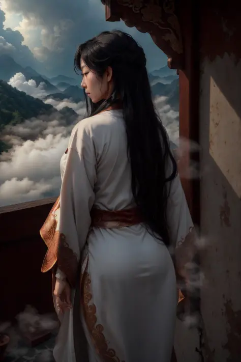 dragon in background, (extremely intricate:1.2), (exquisitely detailed skin), cinematic light, ultra high res, 8k uhd, film grain, perfect anatomy, best shadow, delicate, RAW, (Ray Tracing),(1 girl,cute, black hair,very long hair),(loong midair, flying,Looking at the camera,misty,fog, ), Dark clouds cover the sky,misty , cloudy sky Chinese Taoist woman the back, long hair,Taoist robe )on back, facing away,