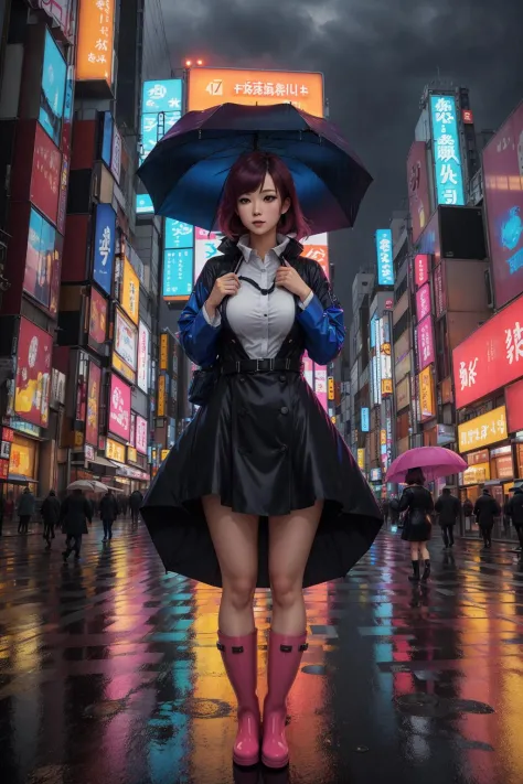 skyscraper, 1girl, dress, thin, sky, tokyo, city, pretty face, umbrella, huge breasts, neon signs, raincoat, rain boots, shot fr...