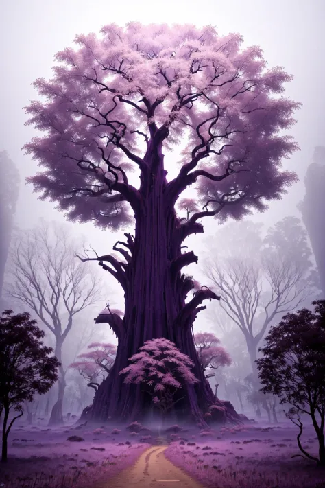 glowing purple ,<lora:Glowing-Purple-V1:1>, ancient giant tree in the deep jungle, birds in the branches, fog at dawn, beautiful scenery