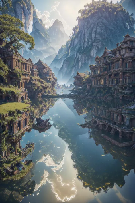 (8k, RAW photo, best quality, masterpiece:1.2), (realistic, photo-realistic:1.37), octane render, ultra high res, ultra-detailed , professional lighting, photon mapping, radiosity, physically-based rendering, ue5, ((island sanctuary)), ((ancient fallen kingdom)), ((reflections in water)), ((raytracing)), ((drowned city))