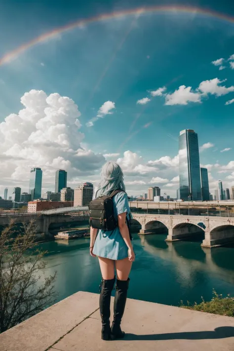 cityscape, city, cloud, scenery, skyscraper, building, cloudy sky, sky, long hair, from behind, outdoors, bird, ruins, 1girl, sunlight, tower, facing away, city lights, green hair, water, sunbeam, light rays, bridge, post-apocalypse, tree, backpack, very long hair, lens flare, knee boots, mountain, river, waterfall, white hair, solo, weapon, skyline, rainbow, neon trim