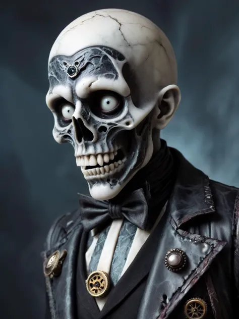 a close up of a skull wearing a leather jacket and bow tie