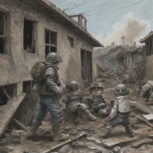 Des proportions parfaites.Orphans of humans in guerre and fire.guerre.Orphelins en fuite.Des maisons détruites par des tirs d&#39;artillerie.peinture