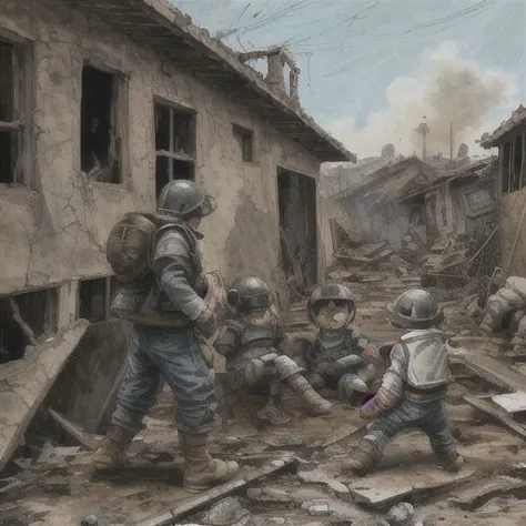 perfect proportions.Orphans of humans in war and fire.war.Fleeing Orphans.Houses destroyed by artillery fire.painting