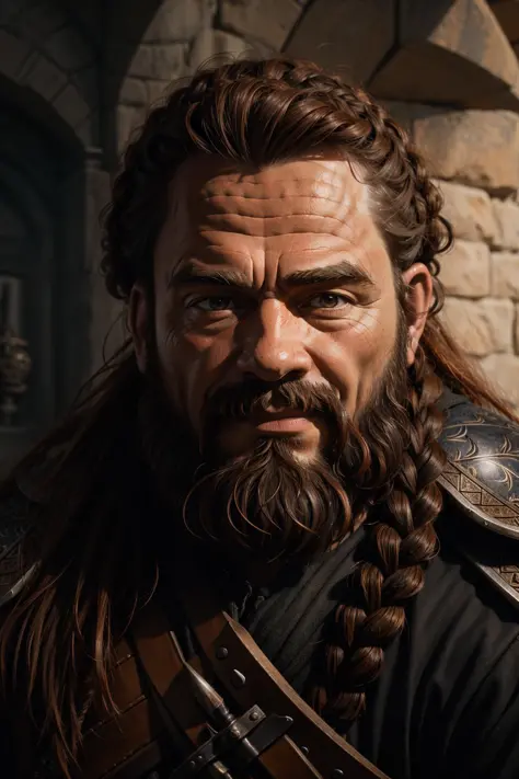 "dwarf with orangebrown braided beard, short, rough, armor focus on face, still, photograph, digital painting, highly realistic,...