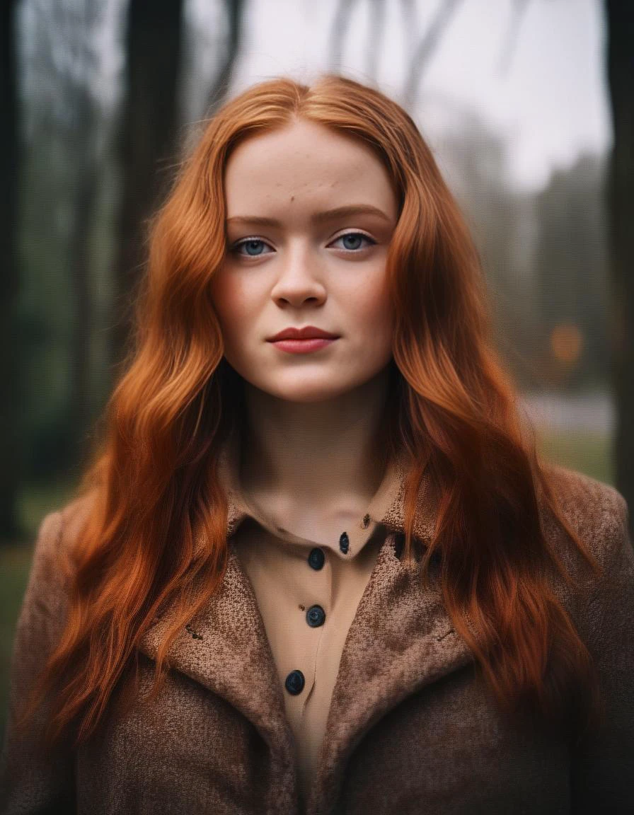 A close up of a woman with red hair and a brown jacket - SeaArt AI