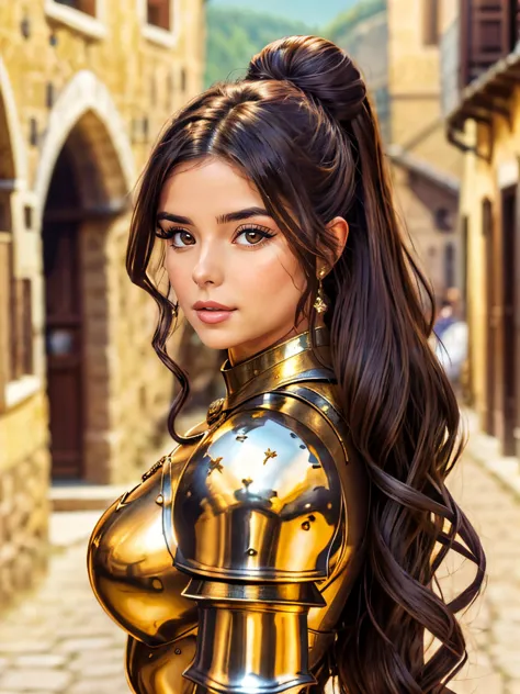 a woman in a gold armor outfit posing for a picture