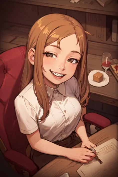 a cartoon girl sitting at a desk with a pen and paper