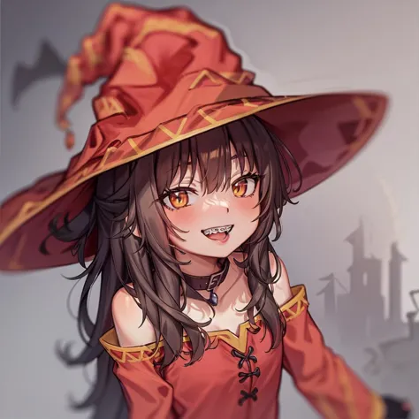 1girl, smile, (braces:1.3), open mouth, lips, close-up,
<lora:concept-braces-v2-000008:0.7>
<lora:meguminKonosuba_meguminArchWizard:0.7> megumin, witch hat, long hair,