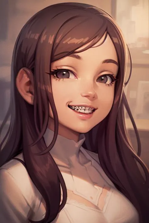 a cartoon girl with braces and a white shirt smiling