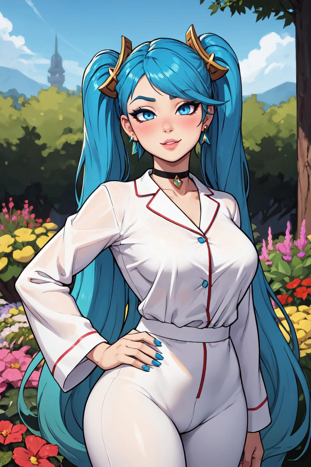detailed eyes, 4k, high quality, super detailed face, 1girl, looking at viewer, sona \(league of legends\), earrings, skinny, narrow waist, black choker, white pajamas, hands on own hips, blue nails, blue hair, blue eyes, gradient hair, twintails, very long hair, hair ornament, smirk, :o, lips, eyeshadow, head tilt, blush, upper body, outdoors, garden, 