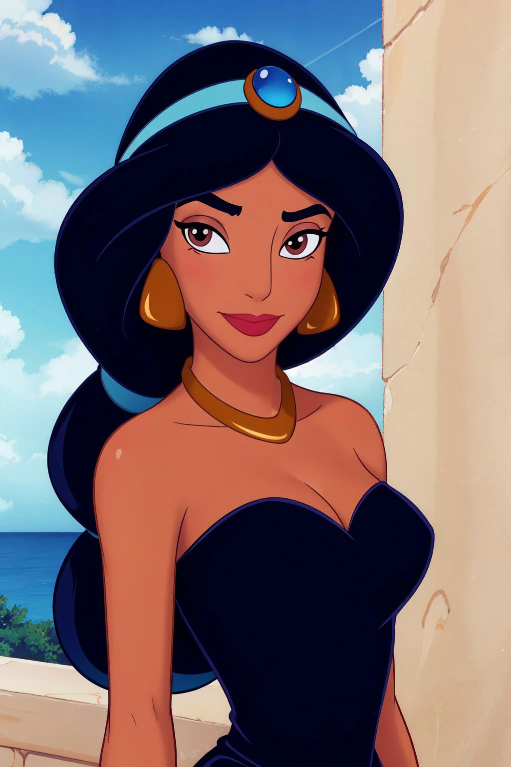 1girl, jasmine \(disney\), looking at viewer, lips, smirk, dark-skinned female, standing, contrapposto, (upper body:1.1), black hair, very long hair, brown eyes, eyeliner, blush, nsfw, solo, jewelry, dress, (black dress:1.1), (center opening:1.1), absolute cleavage, short dress, medium breasts, cleavage, skindentation, revealing clothes, wide hips, bracelet, necklace BREAK
outdoors, day, sky, cloud, blue sky, cloudy sky