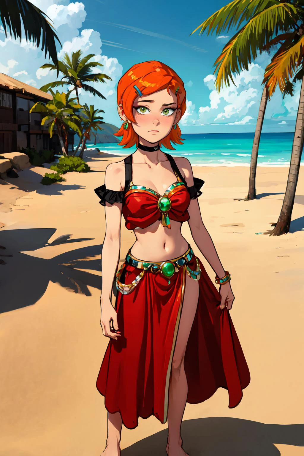 (masterpiece, best quality:1.3), 1girl, gwendolyn_tennyson, upper body, green eyes, orange hair, hairclip, short hair, looking at viewer, solo, embarrassed, raised eyebrows, standing
hoop earrings, outdoors, palm tree, sand, beach, (detailed, highres:1.2), black choker, egirlmakeup, 3gypt1anb3llyD, midriff, barefoot,  dancer, red belly dancer