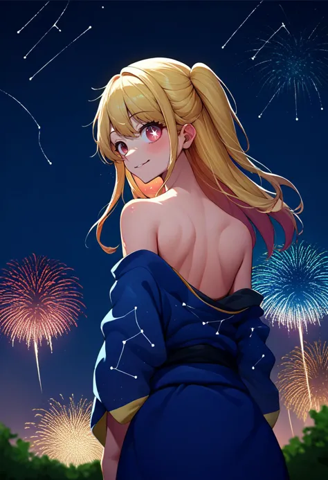 score_9, score_8_up, score_7_up, source_anime, from behind, solo, 1girl, rubyhoshdef, happy, looking back, one side up, mismatched pupils, star-shaped pupils, blue kimono, constellation print, off shoulder, bare shoulders, fireworks <lora:oshinoko_rubyhoshino_ponyXL-000006:1>