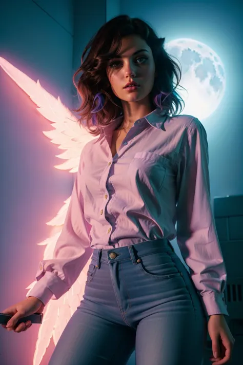 a woman in a shirt and jeans posing with a neon angel