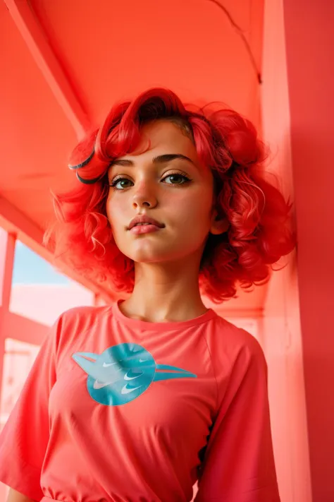 a close up of a woman with red hair and a red shirt