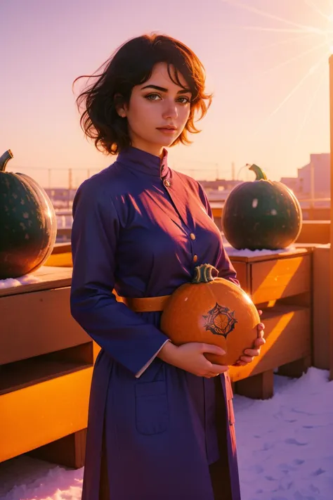 arafed woman in a purple dress holding a pumpkin