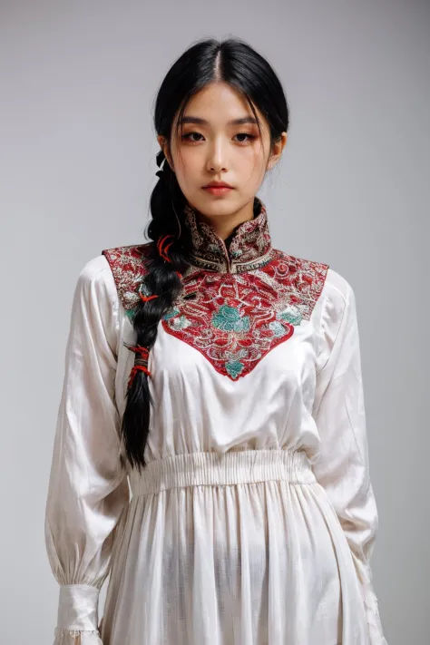 girl02, photographed on a Nikon Z7 II Mirrorless Camera,120mm F/4 wide-angle
girl02, 1girl, solo, long hair, looking at viewer, black hair, long sleeves, braid
a woman wearing a white dress and a black braid with a blue and red pattern on it's neck, Chen L...
