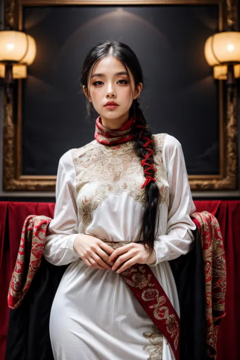 girl02, photographed on a Nikon Z7 II Mirrorless Camera,120mm F/4 wide-angle
girl02, 1girl, solo, long hair, looking at viewer, black hair, long sleeves, braid
a woman wearing a white dress and a black braid with a blue and red pattern on it's neck, Chen Lu, art nouveau fashion embroidered, a character portrait, aestheticism
a woman wearing a black top and red scarf with a red and white design on it's neck, Chen Jiru, art nouveau fashion embroidered, a silk screen, cloisonnism
best quality, masterpiece, ultra detailed, cowboy shot, flowing, 3dmm, ink sketch, color ink, ink rendering, octane render, pastels, rice paper, 1girl, beautiful detailed eyes, (alternate hairstyle), ultra detailed hair, graceful, (charming), (delicate), pretty, cute, lace dress, character in the center of the frame, rhythm, fantasy, looking at viewer,
<lora:more_details:0.3> <lora:add_detail:0.3>  <lora:girl02_SDLife_Chiasedamme_v1.0:0.62>