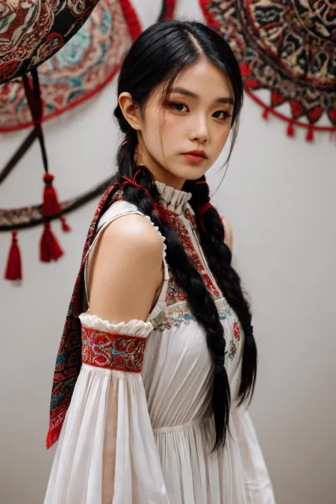 girl02, photographed on a Nikon Z7 II Mirrorless Camera,120mm F/4 wide-angle
girl02, 1girl, solo, long hair, looking at viewer, black hair, long sleeves, braid
a woman wearing a white dress and a black braid with a blue and red pattern on it's neck, Chen L...