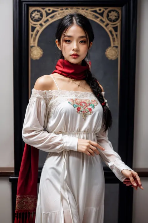 girl02, photographed on a Nikon Z7 II Mirrorless Camera,120mm F/4 wide-angle
girl02, 1girl, solo, long hair, looking at viewer, black hair, long sleeves, braid
a woman wearing a white dress and a black braid with a blue and red pattern on it's neck, Chen Lu, art nouveau fashion embroidered, a character portrait, aestheticism
a woman wearing a black top and red scarf with a red and white design on it's neck, Chen Jiru, art nouveau fashion embroidered, a silk screen, cloisonnism
best quality, masterpiece, ultra detailed, cowboy shot, flowing, 3dmm, ink sketch, color ink, ink rendering, octane render, pastels, rice paper, 1girl, beautiful detailed eyes, (alternate hairstyle), ultra detailed hair, graceful, (charming), (delicate), pretty, cute, lace dress, character in the center of the frame, rhythm, fantasy, looking at viewer,
<lora:more_details:0.3> <lora:add_detail:0.3>  <lora:girl02_SDLife_Chiasedamme_v1.0:0.62>