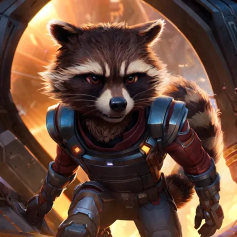 (((rocket raccoon,guardians of the galaxy))), (detailed Carl Heinrich Bloch rocket raccoon), (detailed Bonifasko lighting),(extream fur detail), detailed ambient light,(fluffy:1.2), looking at viewer,( detailed brown eyes:1.2), (shaded), ((masterpiece)),(movie:1.2), (3 dimensional:1.3), (realistic image:1.2), (photograph:1.3),   <lyco:rocket:0.6> gotgrocket,( lifelike, real life:1.2), (hyperrealistic:1.1), fluffy, full-length portrait, 8k hd, professional photoshoot, ray tracing, (CGI:1.1), Marvel movie, smile, backlighting, scify, spaceship, extreme fur detail, every single hair visible,