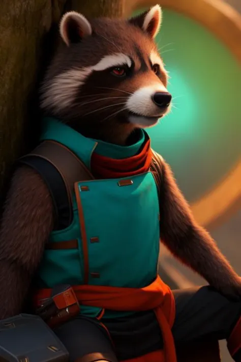 rocket raccoon in a space suit sitting on a tree