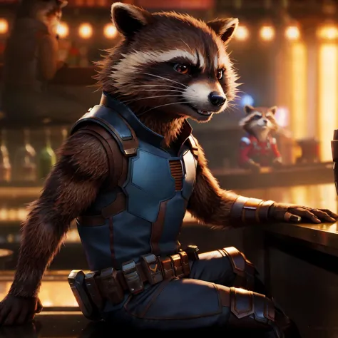 rocket raccoon in a bar with a rocket in the background