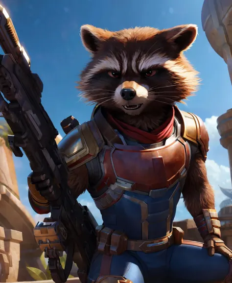 rocket raccoon in a suit with a gun and a helmet