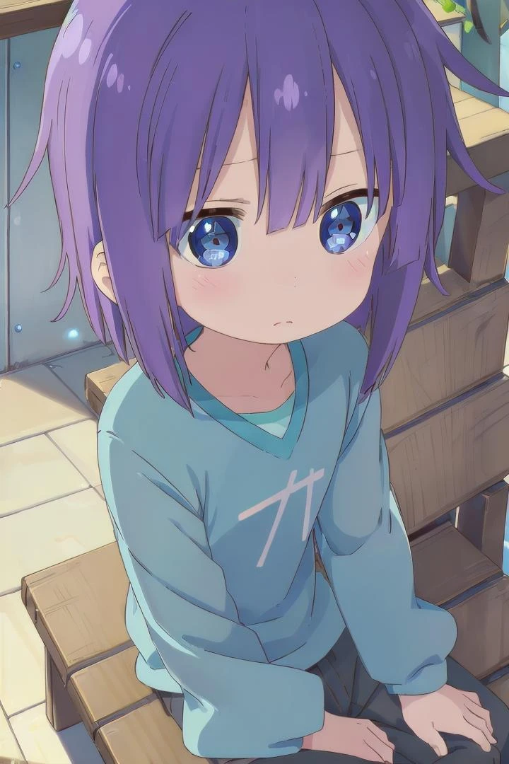 Cute anime girl with purple hair with blue highlights and green eyes, anime  girl 