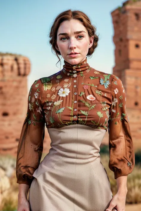 a woman in a brown dress standing in front of a brick building