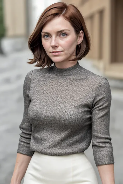 a woman in a grey sweater and white skirt is walking down the street