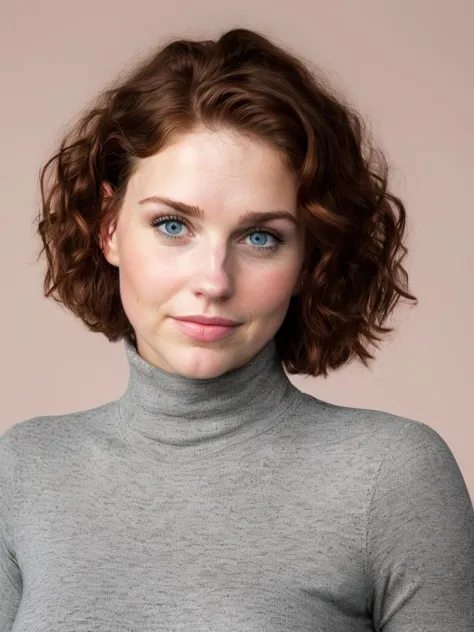 a woman with a short red hair wearing a turtle neck sweater