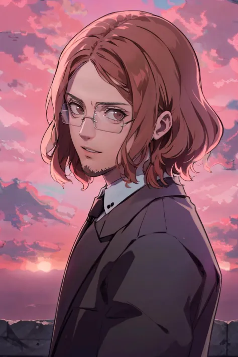 a woman with glasses and a suit standing in front of a sunset