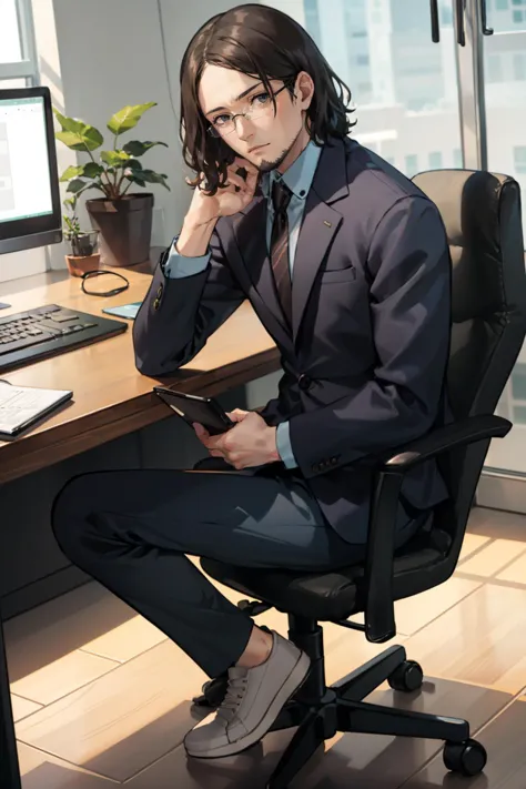 anime guy sitting at a desk with a laptop and a cell phone