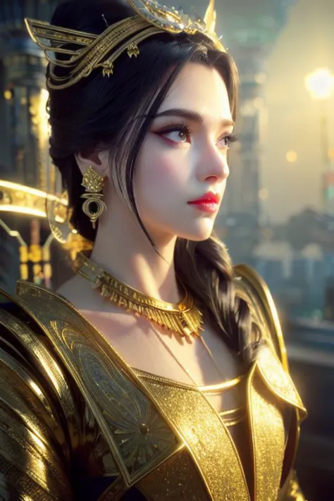 a woman in a gold dress and crown looks off into the distance