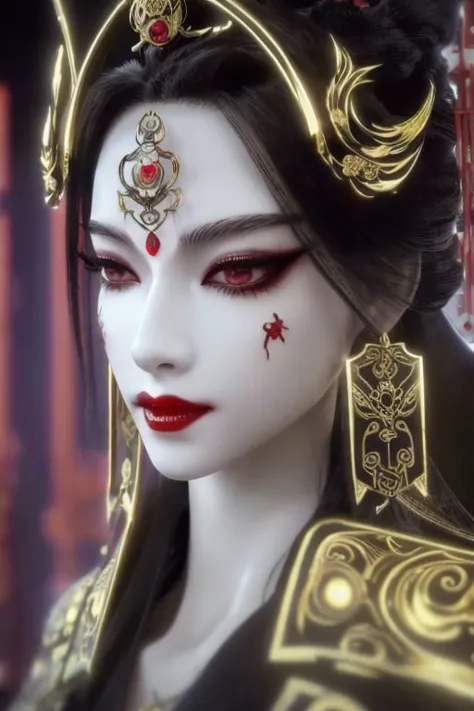 a close up of a woman with red eyes and a gold headpiece