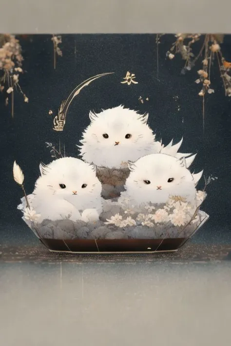 there are four white cats sitting in a bowl on a table