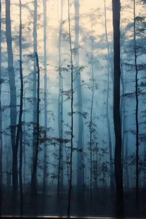 a close up of a forest with a bench in the middle of it