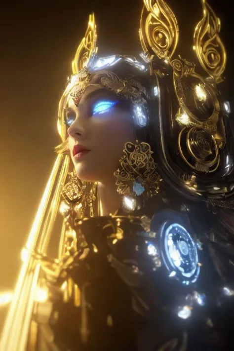 RAW, Masterpiece, Super Fine Photo,, Best Quality, Ultra High Resolution, Photorealistic Photorealism, Sunlight, Full Body Portrait, Amazing Beauty,,Dynamic Pose,Delicate Face,Vibrant Eyes,(From the side), She Wears Futuristic Iron Man ultron deux machina, deus god Mech, Glow and Gold Color Scheme, Detailed Face, Detailed Complex Busy Background, Messy, Gorgeous, Milky White, Highly Detailed Skin, Realistic Skin Details, Visible Pores, Sharp Focus, Volumetric Fog, 8K UHD, DSLR, High Quality, Film grain, fair skin, photorealism, lomography, sprawling golden metropolis in futuristic dystopia, seen from below, translucent daemon, sea of daisy flowers, Futuristic luxurious, Gold Saint and Holy Soul Brightness Spirit Flow palace, blue:1.03 tattoo:1.09 glow:1.07 black hollow:1.04 MASK:1.05 ,black:1.02 lips, ultra-violet eyes, yellow:1.02 glow:1.025 fire:1.03 stigmata:1.07 face, glow light golden:1.07 eyelash:1, open eyes, looking viewer