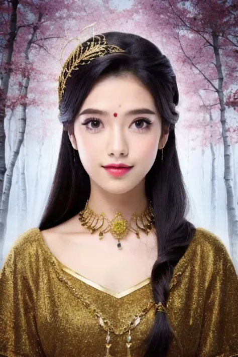 a woman in a gold dress with a gold crown and a gold necklace