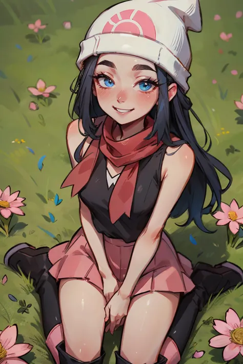 dawn pokemon, long blue hair, blue eyes, beanie, hairpin, black shirt, sleeveless, pink skirt, red scarf, pink boots, looking at...