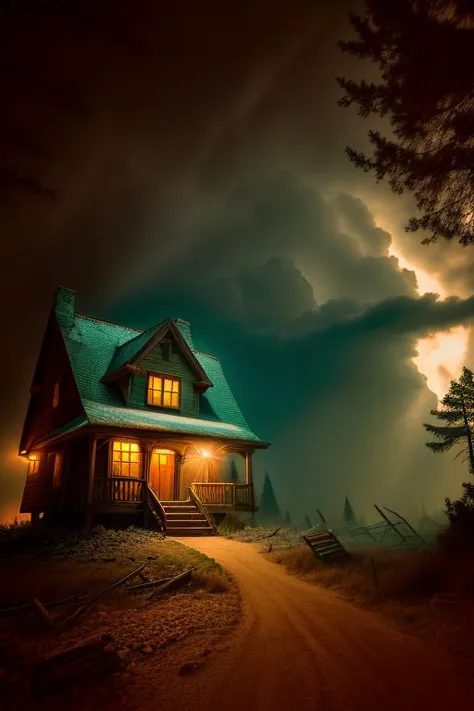 night, photo of old house, post apocalypse, forest, storm weather, wind, rocks, 8k uhd, dslr, soft lighting, high quality, film ...