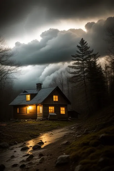 night, photo of old house, post apocalypse, forest, storm weather, wind, rocks, 8k uhd, dslr, soft lighting, high quality, film ...