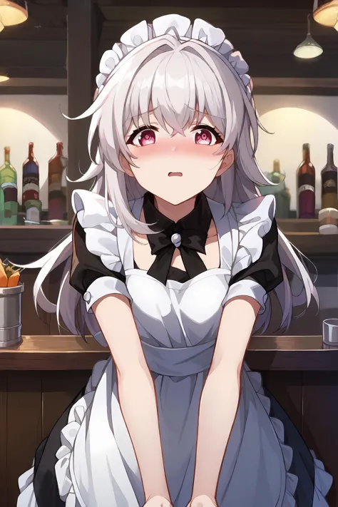 1girl, clara \(honkai: star rail\), solo, maid, maid headdress, maid apron, embarrassed, pantyhose, open mouth, blush, parted lips, looking at viewer, cowboy shot, bar \(place\), indoors, depth of field <lora:Char-HonkaiSR-Clara-Pony-V1:0.8>  score_9, score_8_up, score_7_up,   <lora:anime_screencap:1>, anime screencap