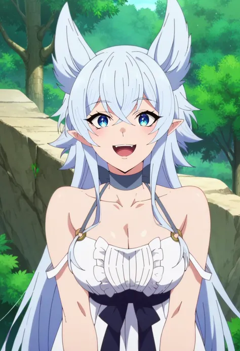 score_4, score_5, score_6, score_9, score_8_up, score_7_up, source_anime,
<lora:Lv2karaCheat_FenrysXL:0.8>, FenrysLv2,
1girl, smile, open mouth,
grey hair, very long hair, blue eyes, wolf ears, pointy ears,
choker, white dress, bare shoulders, black ribbon, cleavage, strap slip,
looking at viewer, standing, 
outdoors, tree
<lora:anime_screencap:1>, fine anime screencap_xl, anime_screencap